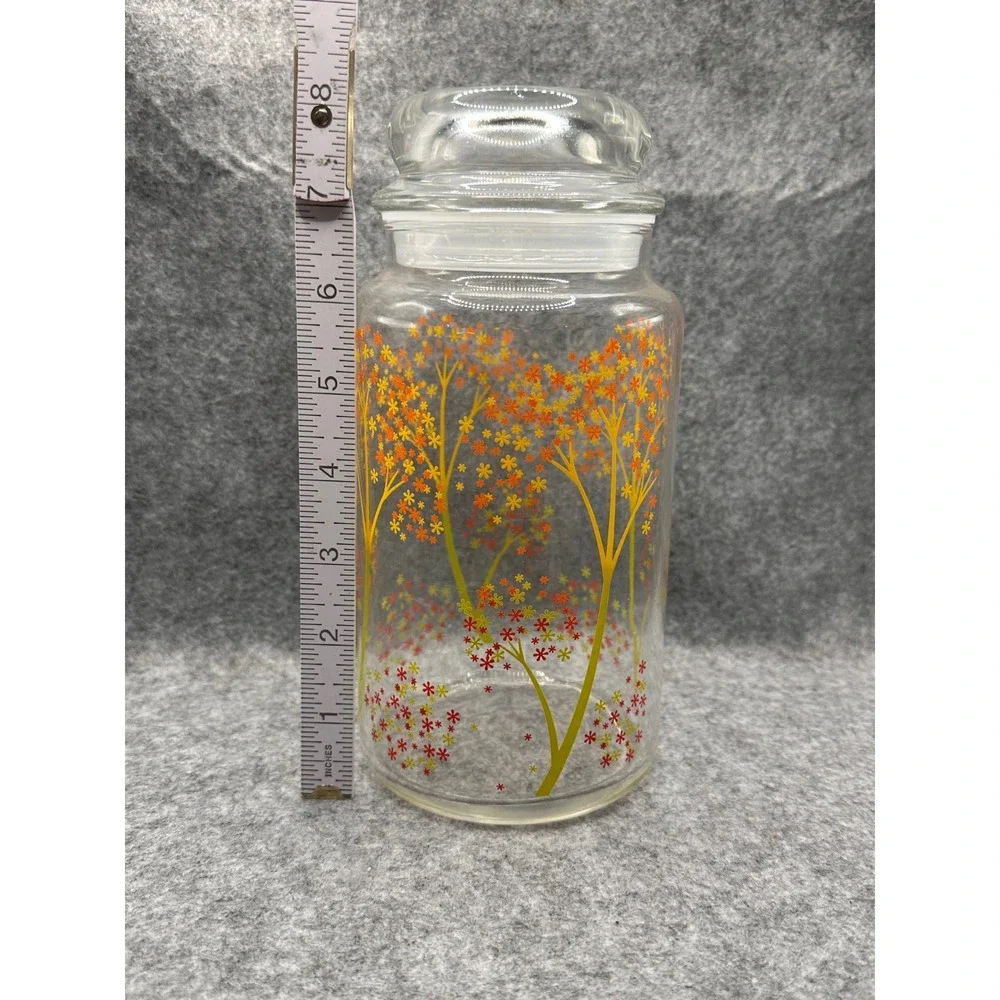Vintage Glass Canister Set 3 Autumn Floral Tree Orange Yellow Red USA Made